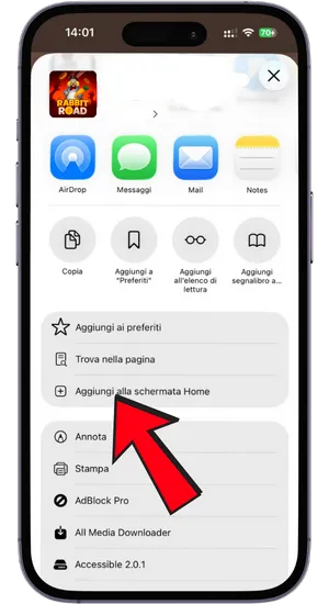 Pulsante condividi in Safari per aggiungere Rabbit Road